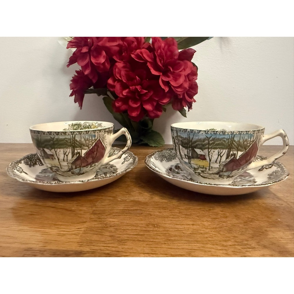 Vintage Johnson Bros Friendly Village Ice House Teacups and Saucers Pair England
